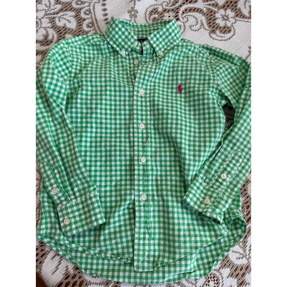 Ralph Lauren Boys Green Gingham Button Down Shirt Size 5 Pink Pony Logo